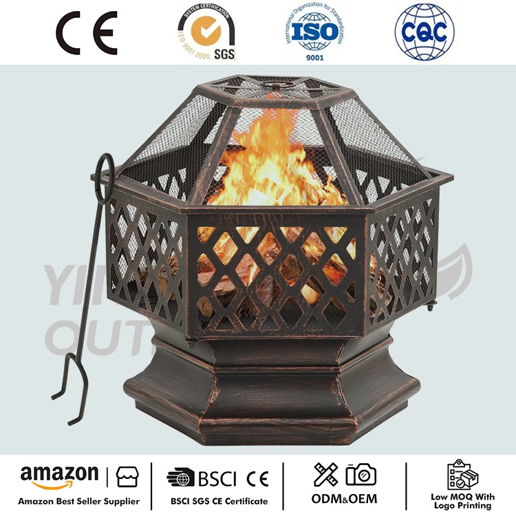 Hexagon Hout Bronzen Afwerking Stalen Vuurplaats